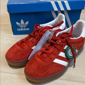 Adidas Red Suede with White Stripes Gazelle Indoor Sneakers